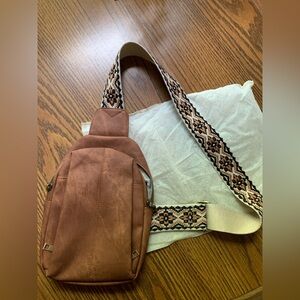 Brown Sling Bag with Patterned Strap NWOT